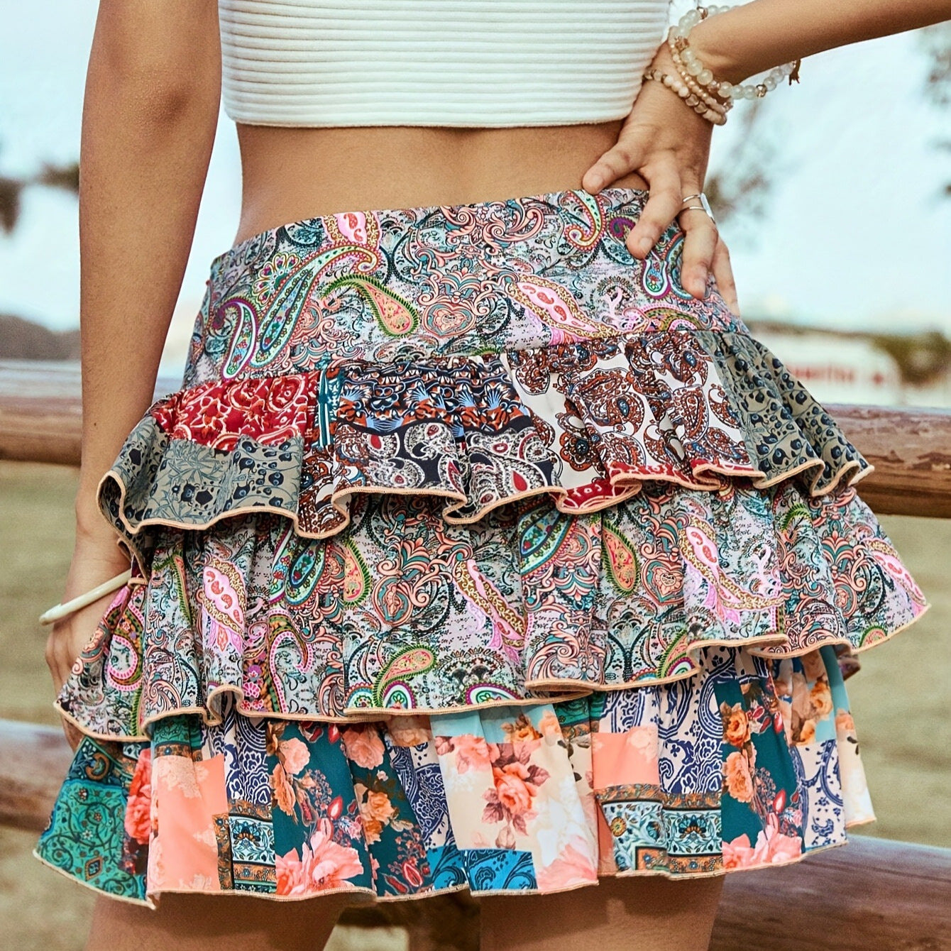 Bohemian Party Skirt With A Retro Color-block Design