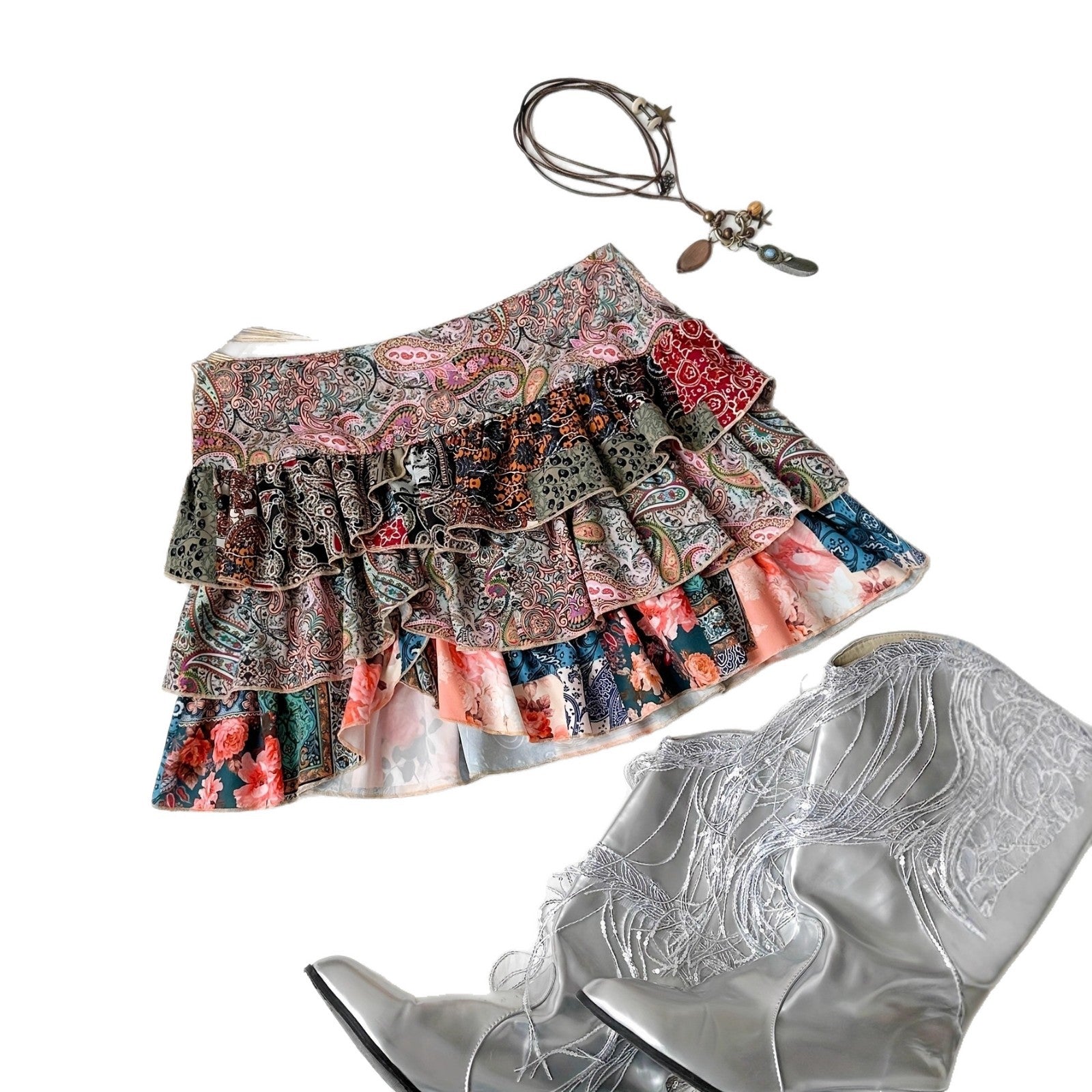 Bohemian Party Skirt With A Retro Color-block Design