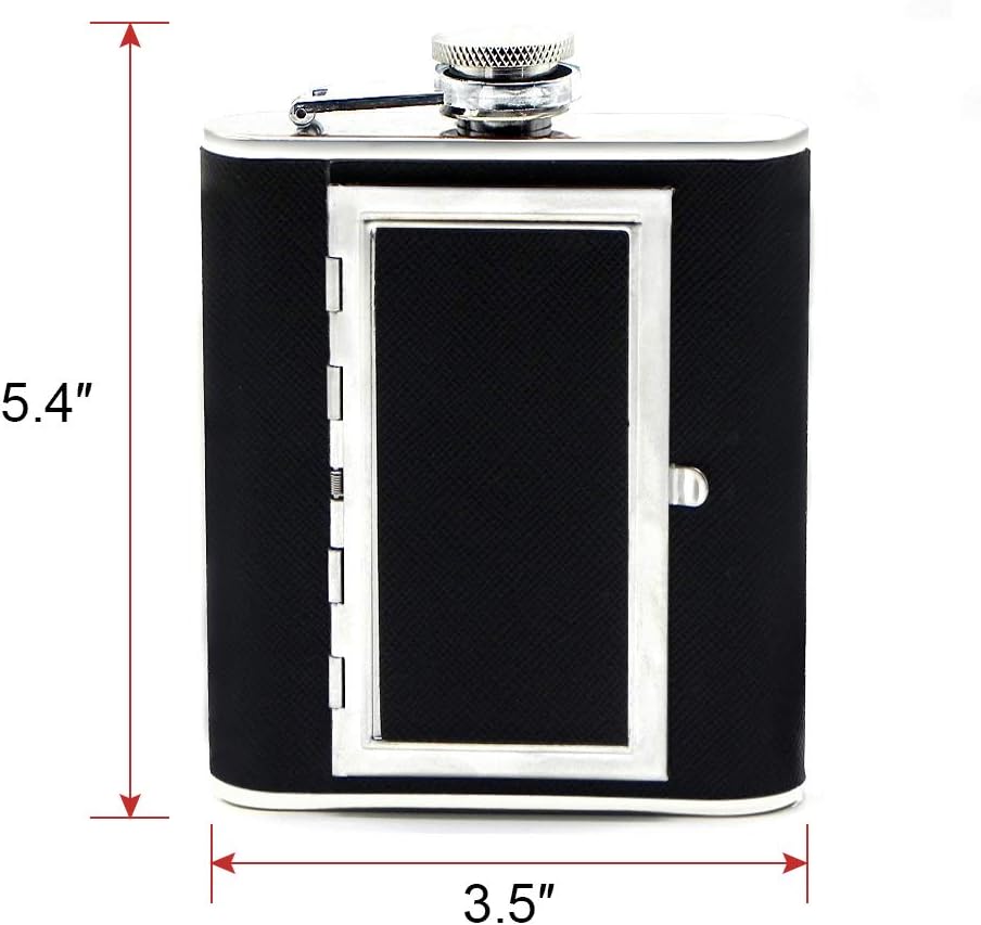 Sneaky Type Shit Leak-proof Flask With Built-in Hidden "Cigarette" Case And Leather Wrapped Cover. Includes a mini-funnel for maximum pourage. 
Black Hip Flask And Mini Funnel Set For Liquor (Stainless Steel)