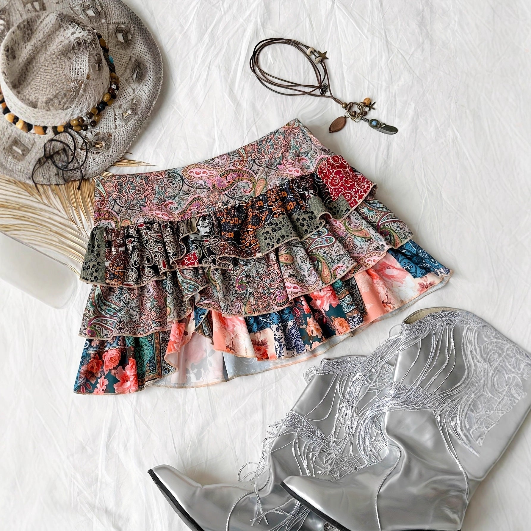 Bohemian Party Skirt With A Retro Color-block Design