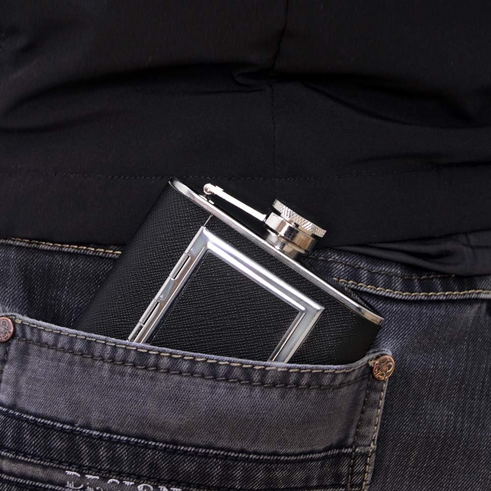Sneaky Type Shit Leak-proof Flask With Built-in Hidden "Cigarette" Case And Leather Wrapped Cover. Includes a mini-funnel for maximum pourage. 
Black Hip Flask And Mini Funnel Set For Liquor (Stainless Steel)