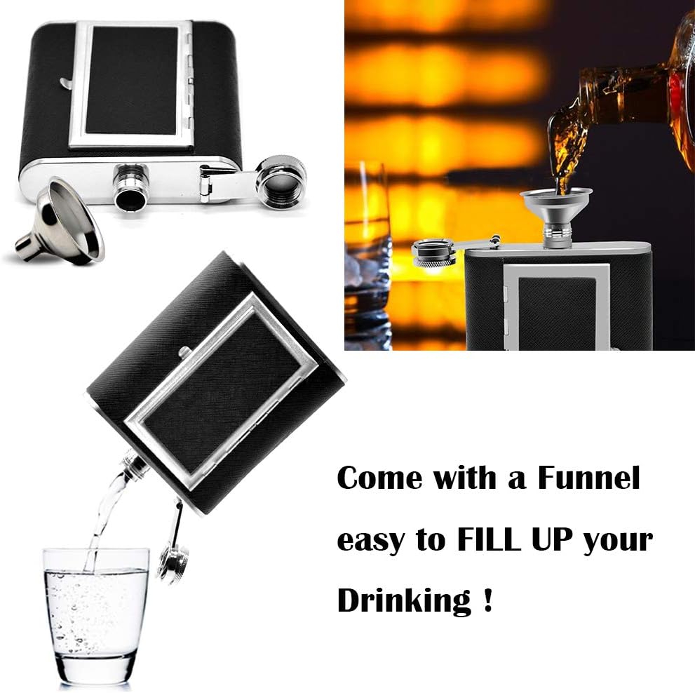 Sneaky Type Shit Leak-proof Flask With Built-in Hidden "Cigarette" Case And Leather Wrapped Cover. Includes a mini-funnel for maximum pourage. 
Black Hip Flask And Mini Funnel Set For Liquor (Stainless Steel)