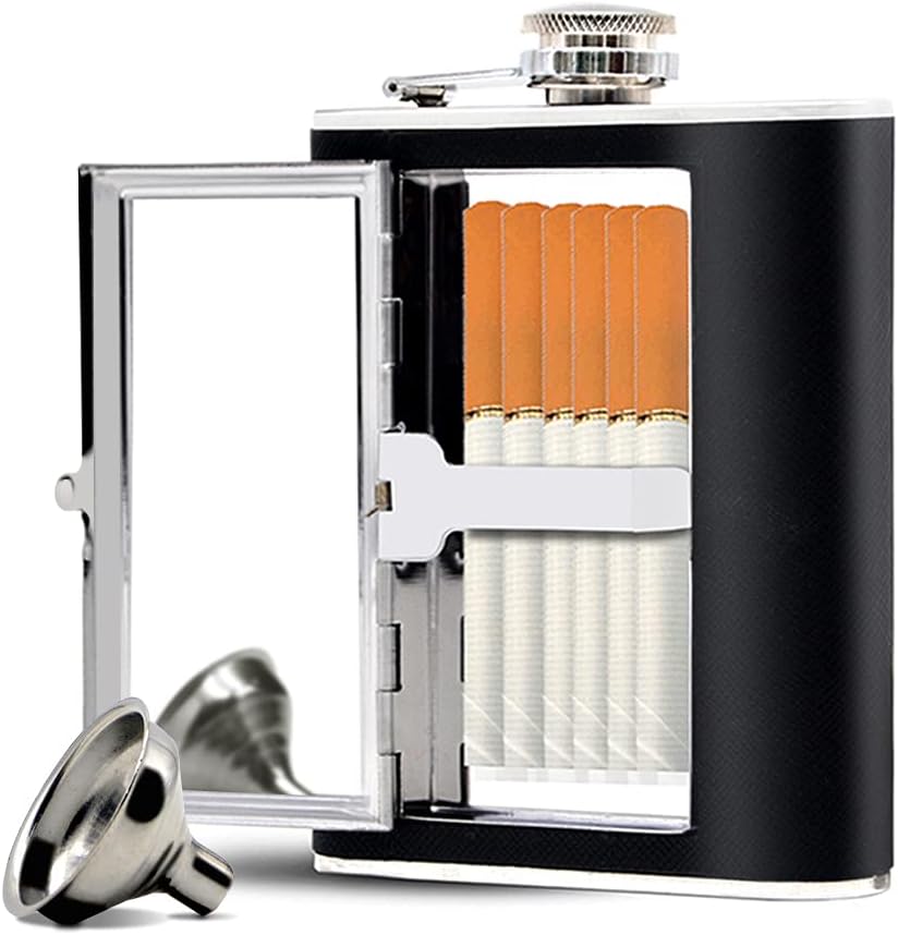 Sneaky Type Shit Leak-proof Flask With Built-in Hidden "Cigarette" Case And Leather Wrapped Cover. Includes a mini-funnel for maximum pourage. 
Black Hip Flask And Mini Funnel Set For Liquor (Stainless Steel)